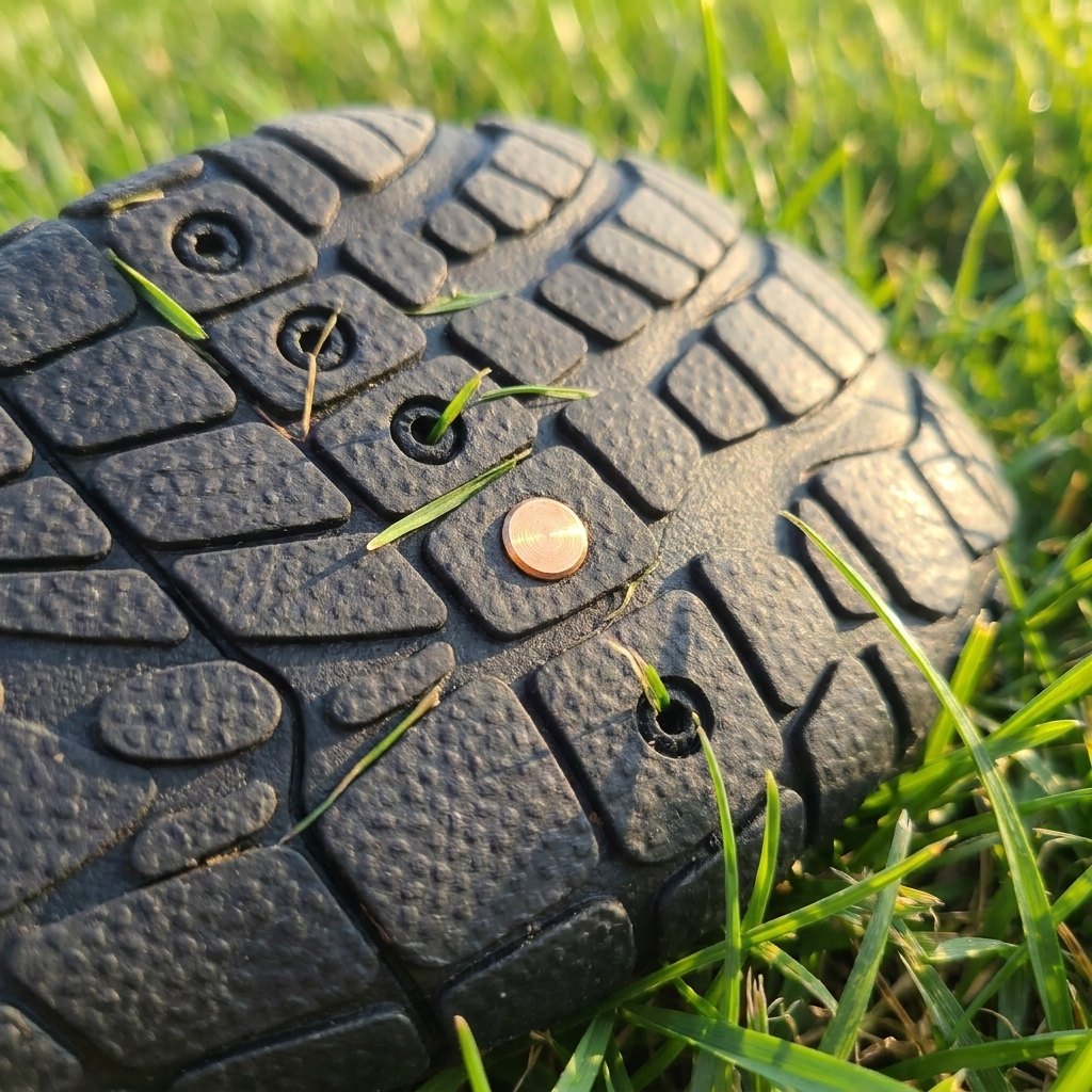 Close-up of the copper contact point in the sole, resting on grass