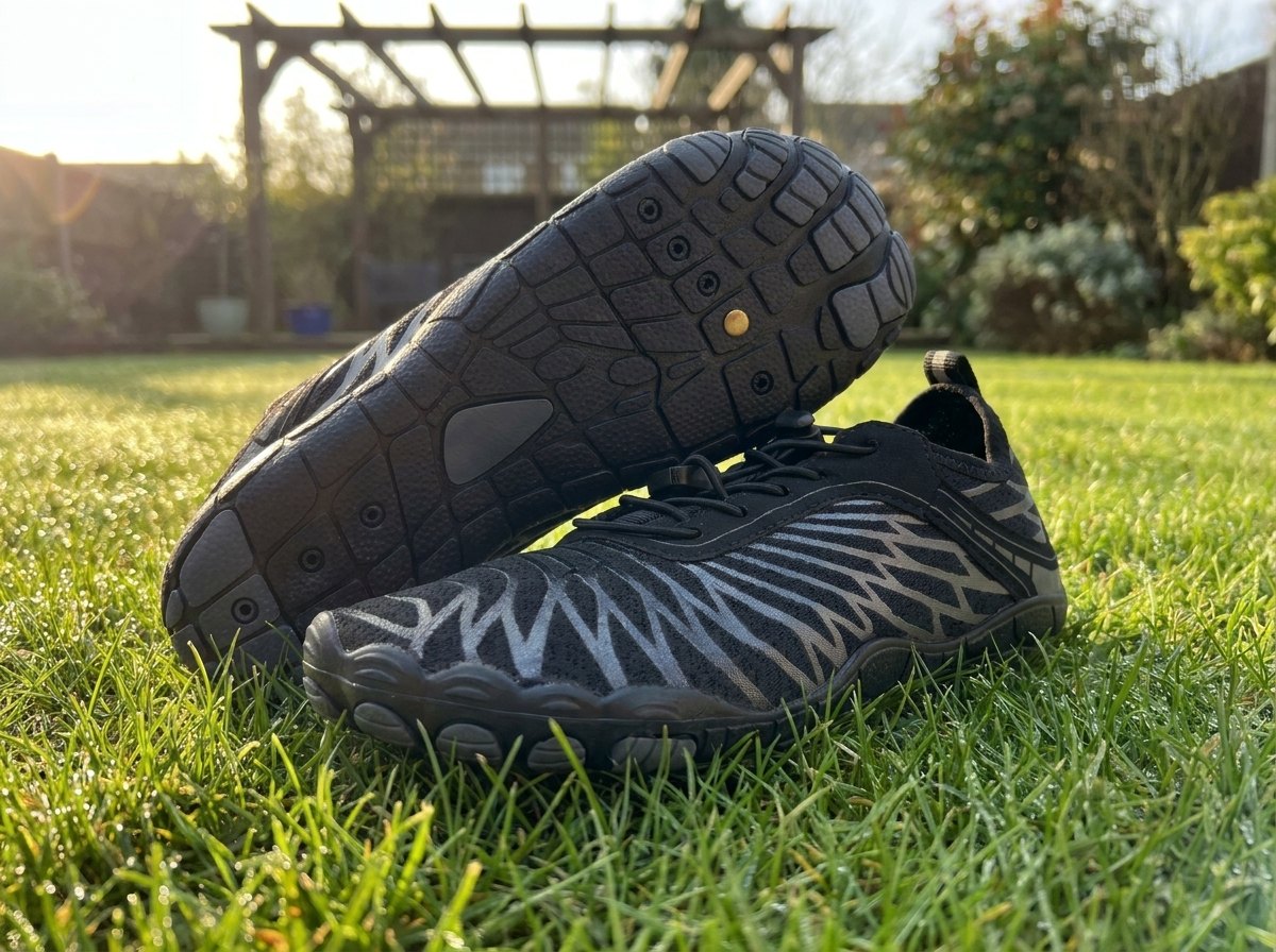 A pair of Bronoir barefoot shoes on a sunlit lawn, one turned to show the copper contact point in the sole