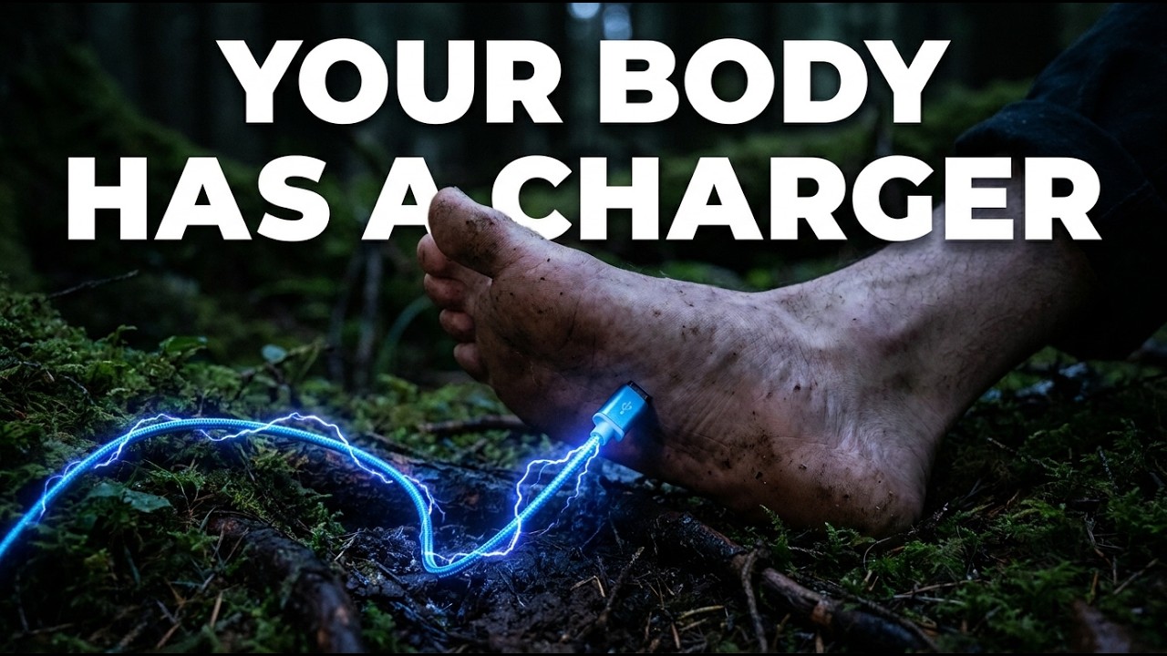 A bare foot resting on forest soil, connected to a glowing cable